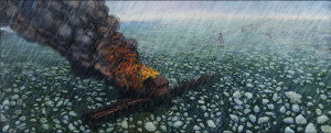 Eric Edward Esper, The Water Crib Fire, 2013, oil on linen, 20” x 48”