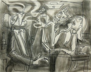Happy Smokers, 2014, charcoal & graphite on board, 32 x 40″